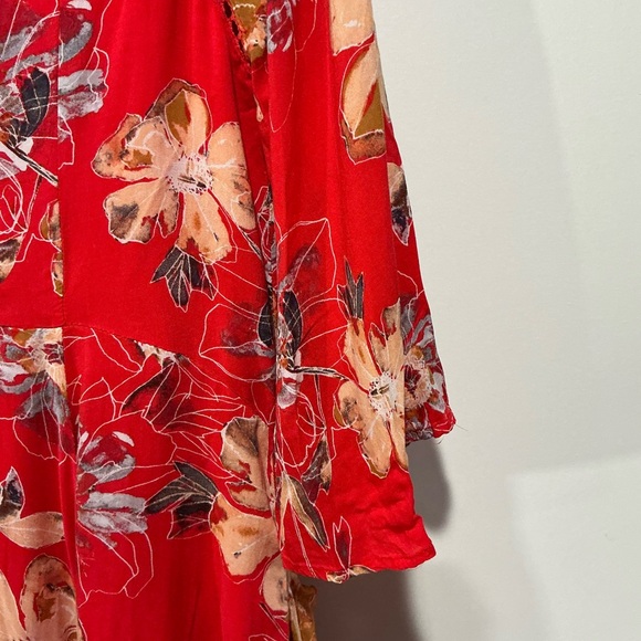 Free People Coral-Red Floral High-Low V-Neck Dress - Picture 12 of 13